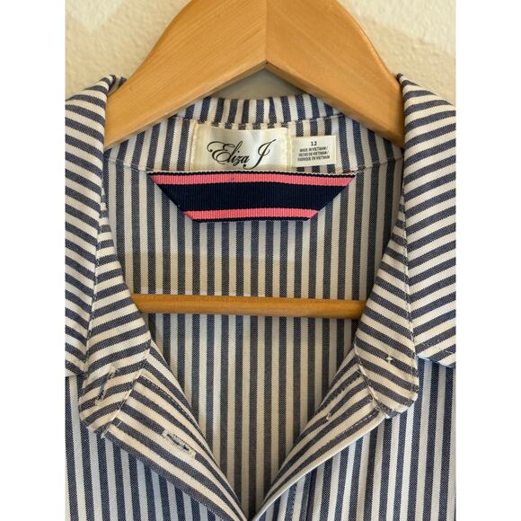ELIZA J DRESS Shirt Dress Blue White Stripe Button Down Cotton Fit Flare Size 12 - Picture 8 of 8